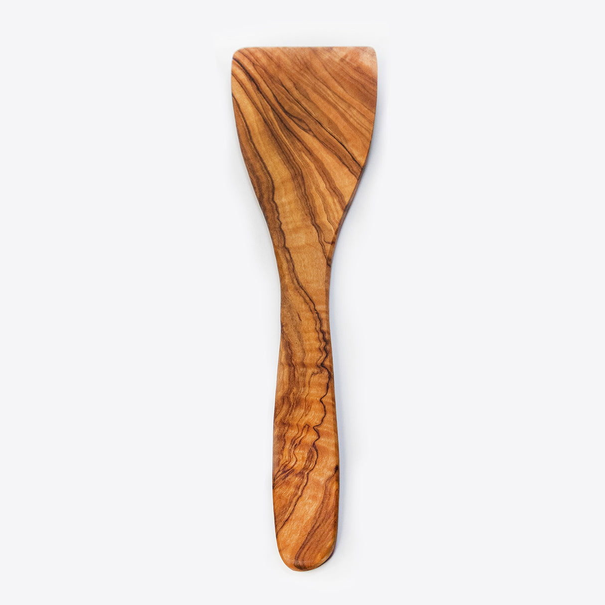 A 12 inch olive wood spatula with a smooth finish and a natural wood grain pattern.