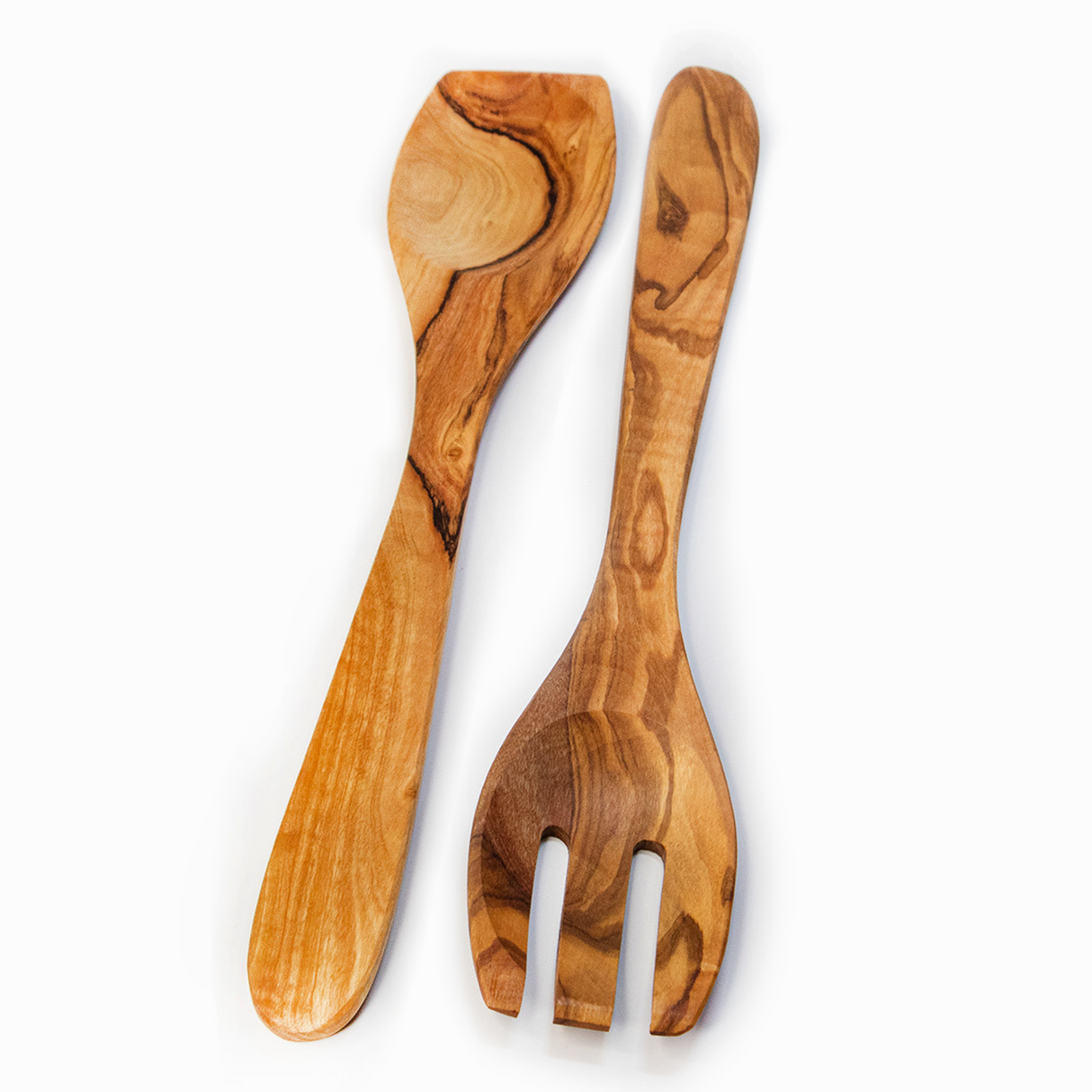 A set of olive wood salad servers, consisting of a fork and spoon, with a smooth finish and natural wood color.