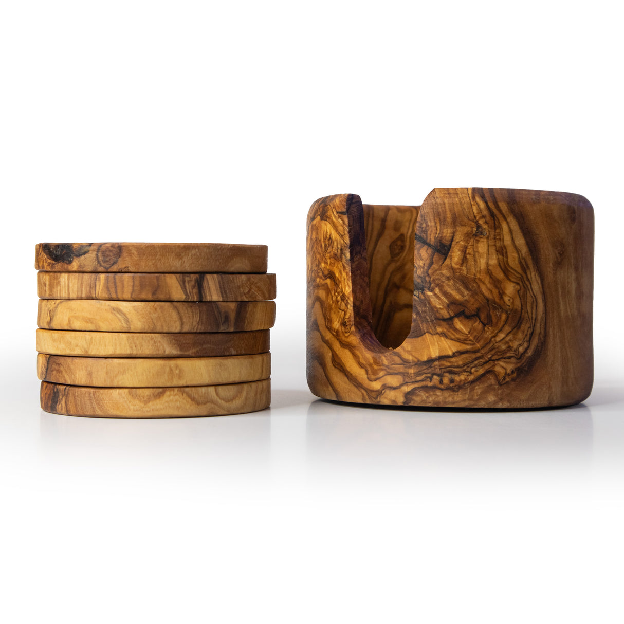 Round Olive Wood Drink Coaster Set of 6 with Holder - Rustic Charm 3.5 Inch
