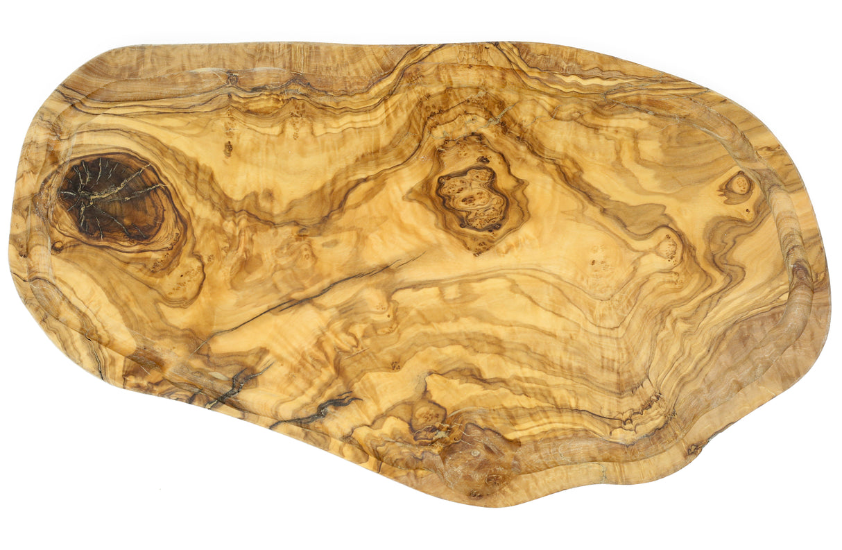 An oval-shaped, natural beige olive wood cutting board featuring unique wood grain patterns.