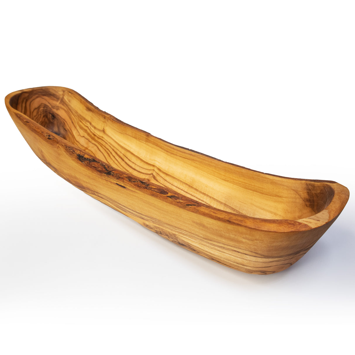 A 14-inch Olive Wood Baguette Basket Dough Bowl with natural bark edges on a white background.