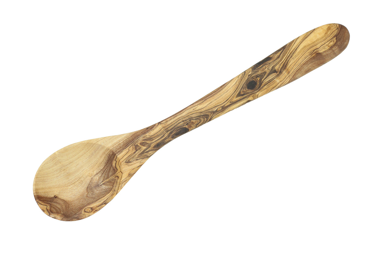 A 12 inch olive wood cooking spoon with a smooth finish and characteristic grain patterns.