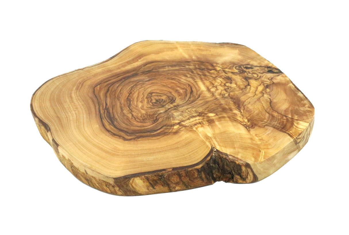 An oval-shaped, natural wood color, olive wood trivet and cutting board