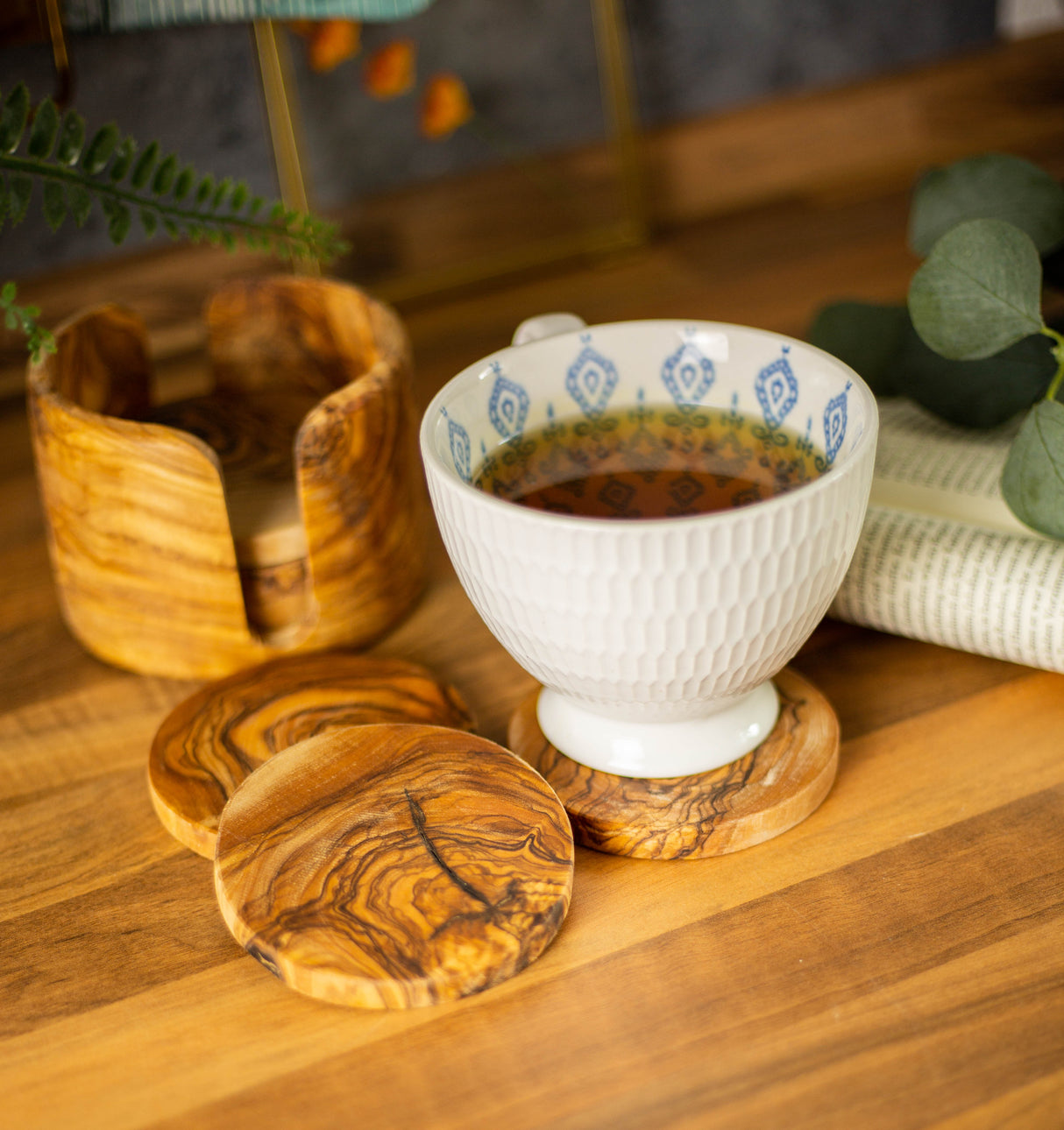 Round Olive Wood Drink Coaster Set of 6 with Holder - Rustic Charm 3.5 Inch