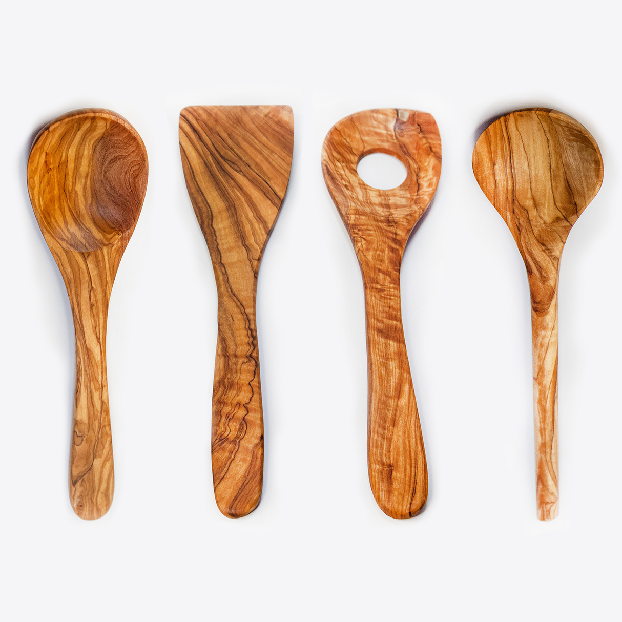 Round Holder Olive Wood Kitchen Utensil Set of 4 with Holder - Handmade 12 Inch