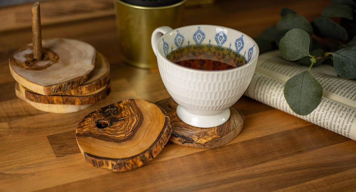 Olive Wood Coaster Set of 6 on Stand - Handcrafted 3.5 Inch