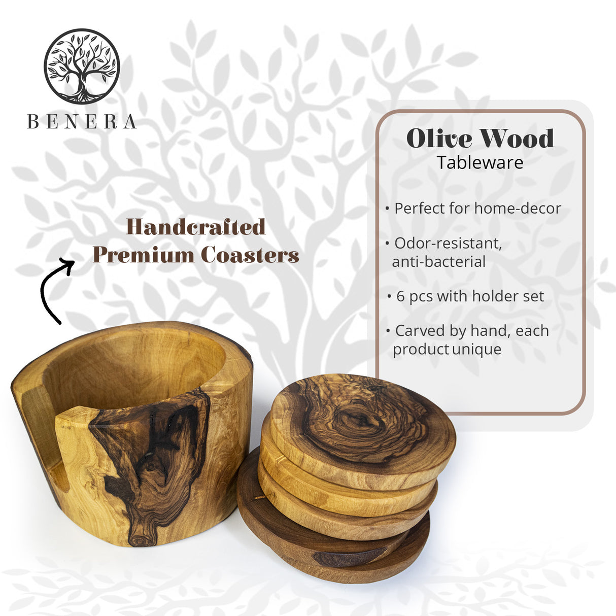 Rustic Round Olive Wood Cup Coaster Set of 6 with Holder - Handmade 3.5 Inch