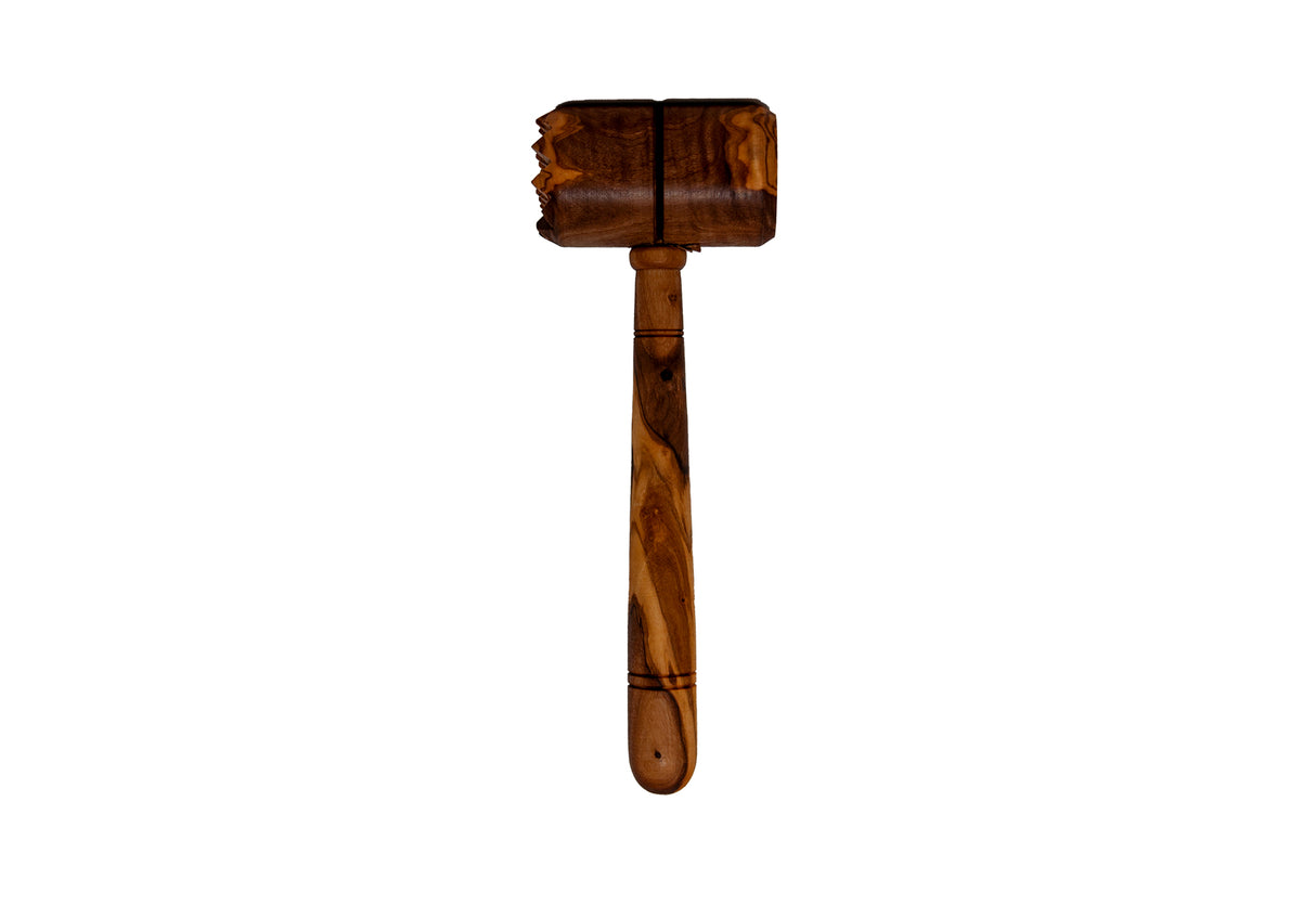 A 10-inch olive wood meat tenderizer mallet with a dual-textured head, featuring both a flat and textured surface.