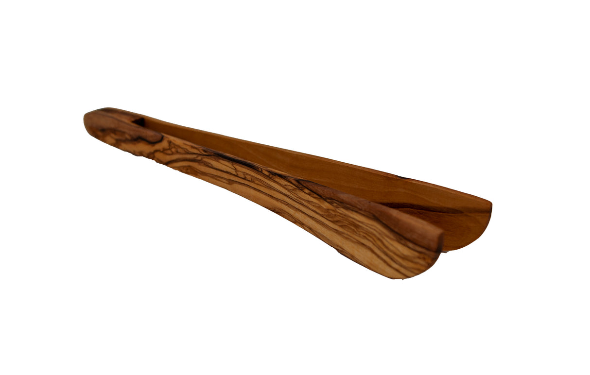 A 12 inch olive wood kitchen cooking tong with a smooth surface and natural wood grain patterns.