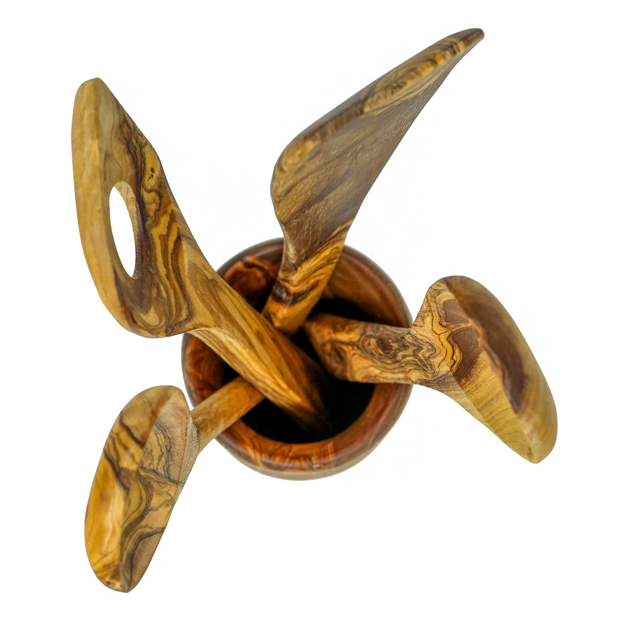 Round Holder Olive Wood Kitchen Utensil Set of 4 with Holder - Handmade 12 Inch