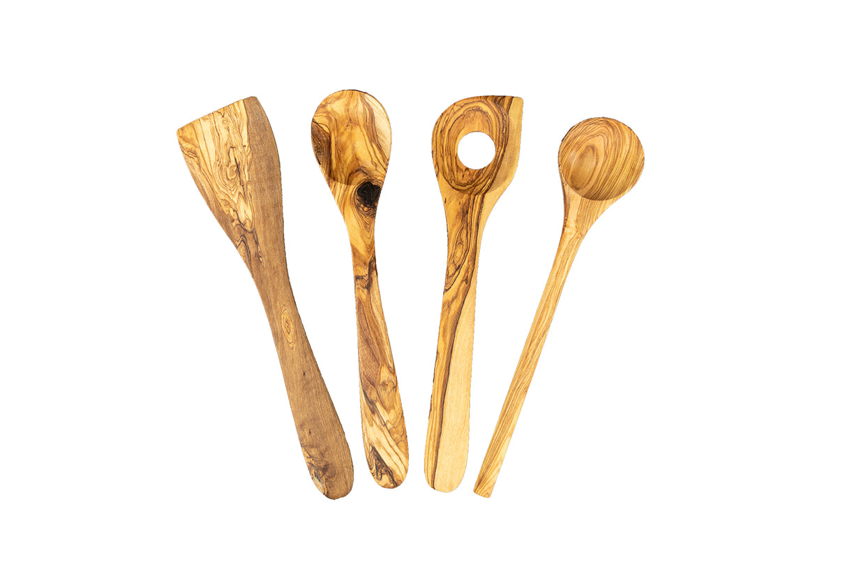 Round Holder Olive Wood Kitchen Utensil Set of 4 with Holder - Handmade 12 Inch