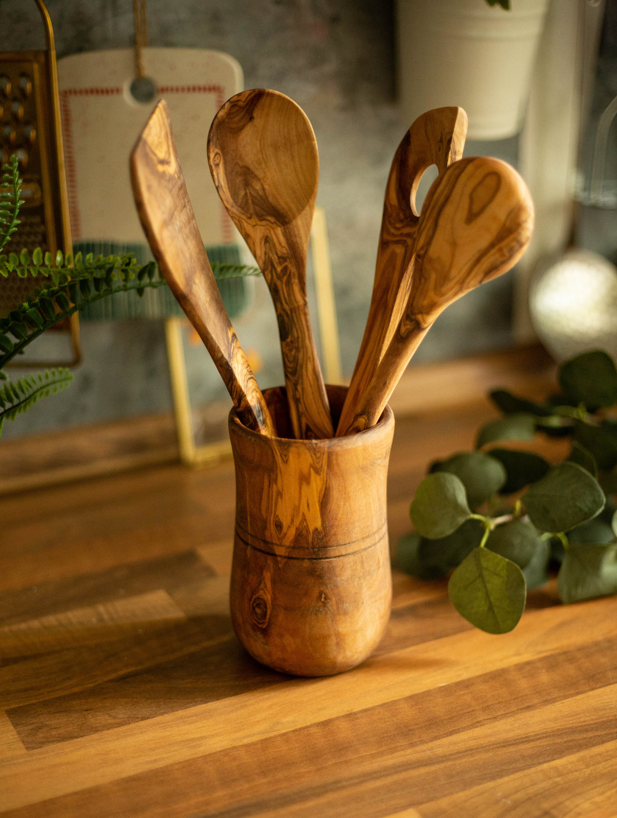 Round Holder Olive Wood Kitchen Utensil Set of 4 with Holder - Handmade 12 Inch