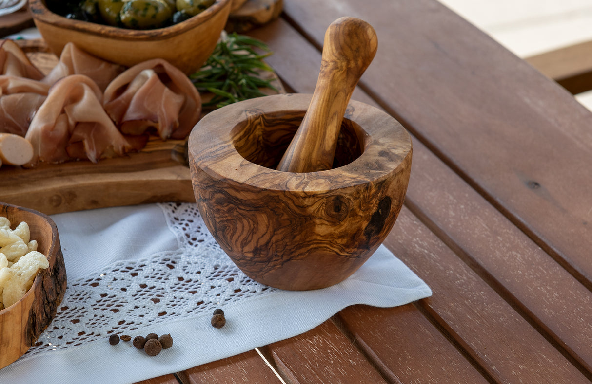 Olive Wood Mortar & Pestle - Rustic Handmade 5 Inch