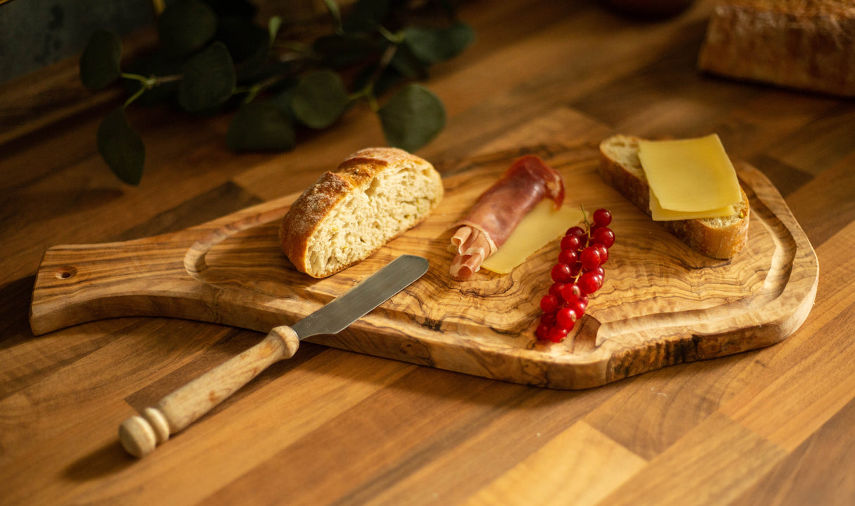 Rustic Olive Wood Cutting Board with Handle and Juice Groove - 18 x 10 Inch