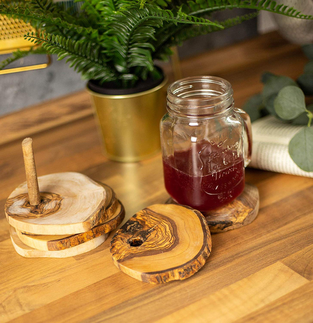 Olive Wood Coaster Set of 6 on Stand - Handcrafted 3.5 Inch