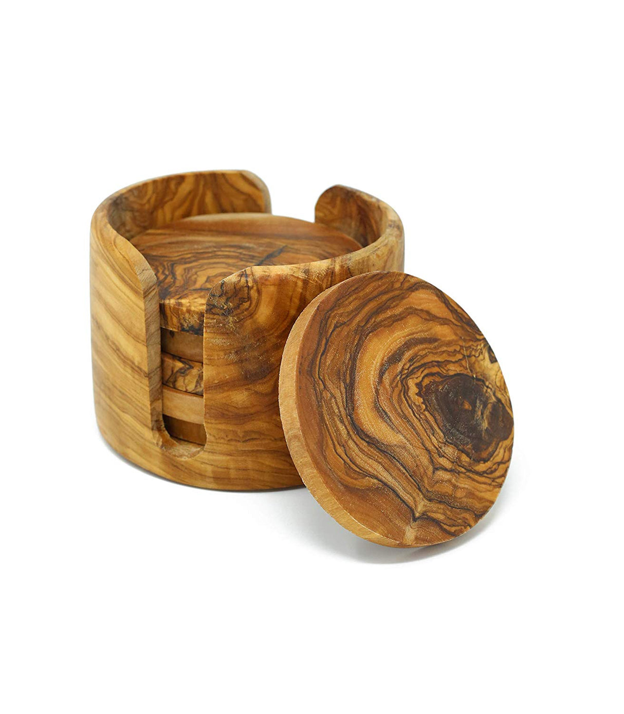 Round Olive Wood Drink Coaster Set of 6 with Holder - Rustic Charm 3.5 Inch