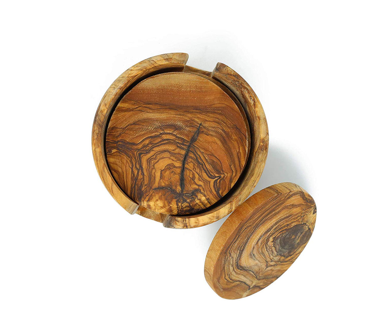 Round Olive Wood Drink Coaster Set of 6 with Holder - Rustic Charm 3.5 Inch