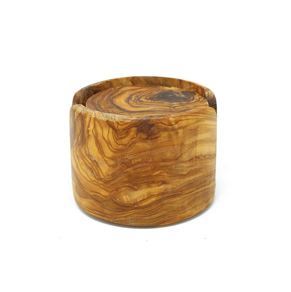 Round Olive Wood Drink Coaster Set of 6 with Holder - Rustic Charm 3.5 Inch