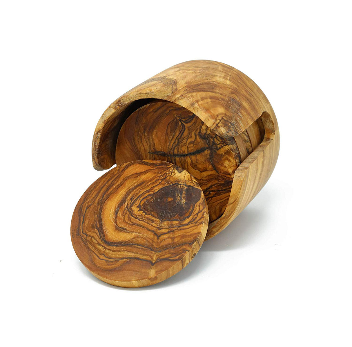 Round Olive Wood Drink Coaster Set of 6 with Holder - Rustic Charm 3.5 Inch