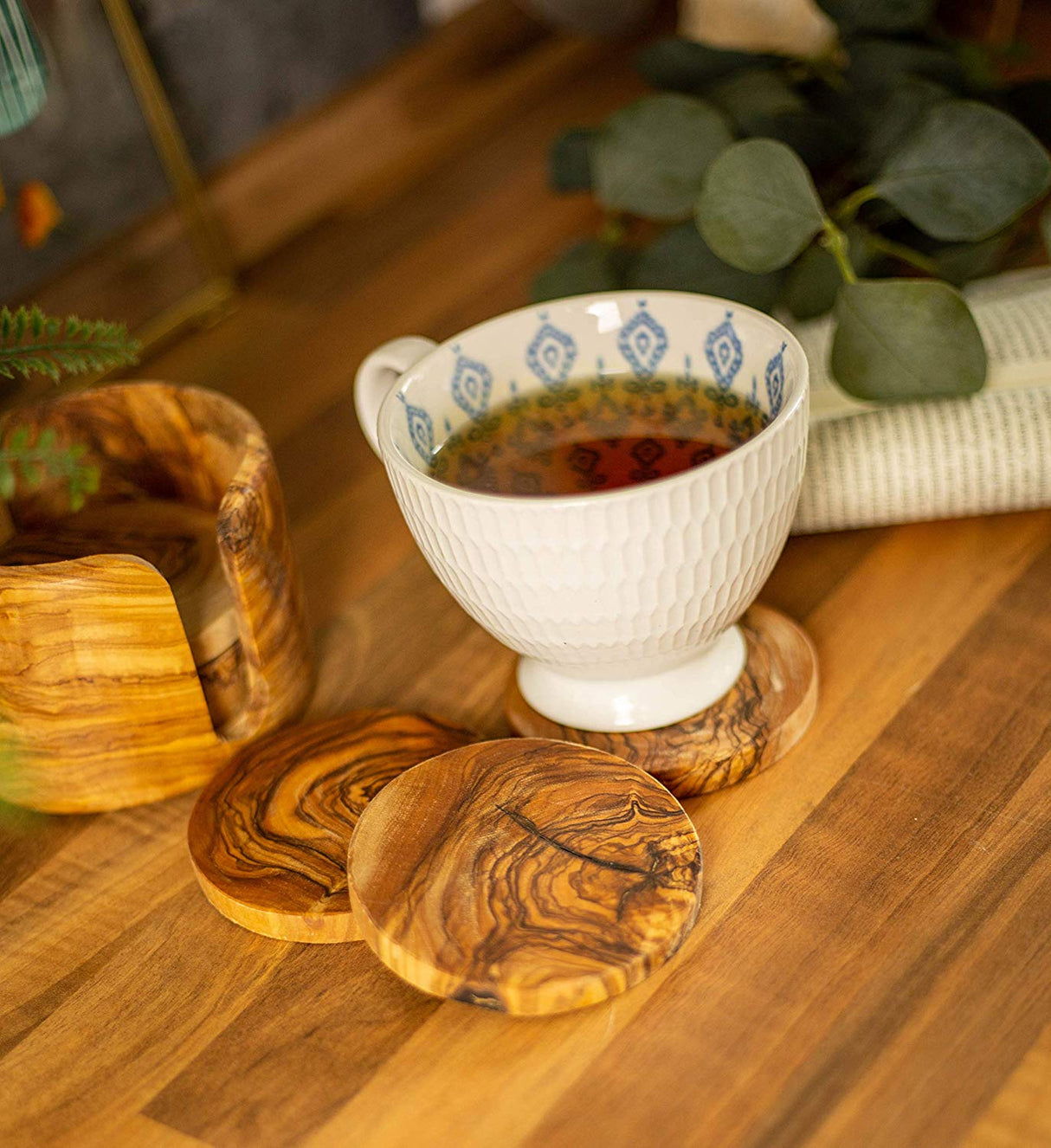 Round Olive Wood Drink Coaster Set of 6 with Holder - Rustic Charm 3.5 Inch