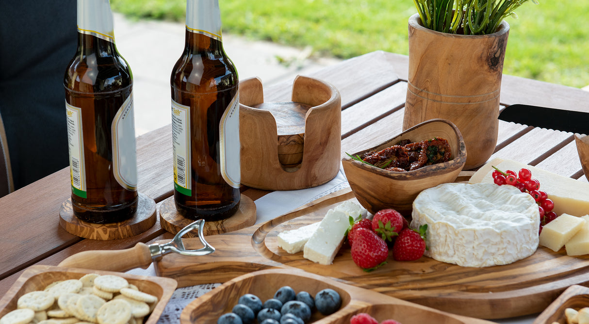 Round Olive Wood Drink Coaster Set of 6 with Holder - Rustic Charm 3.5 Inch