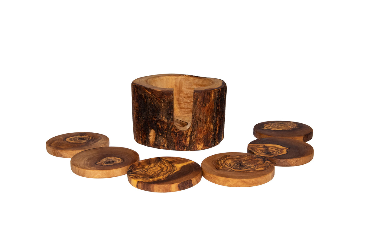 Rustic Round Olive Wood Cup Coaster Set of 6 with Holder - Handmade 3.5 Inch