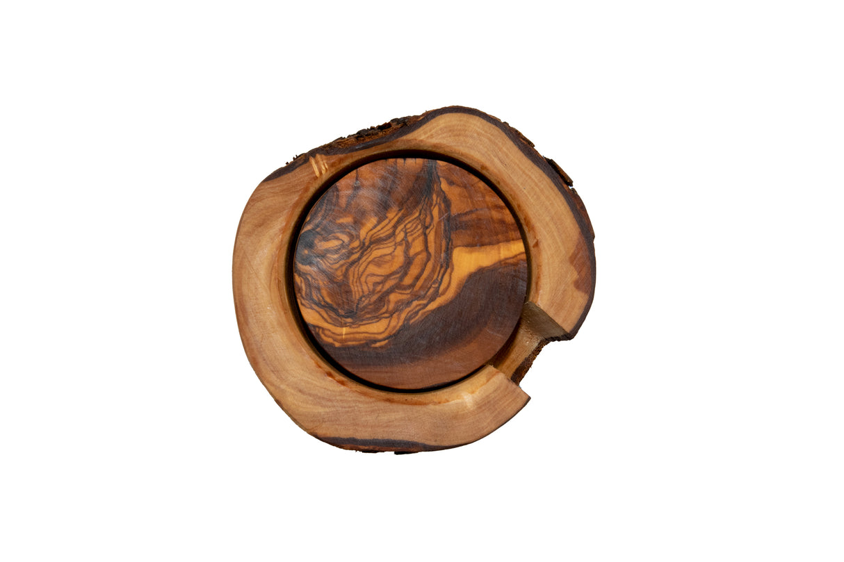Rustic Round Olive Wood Cup Coaster Set of 6 with Holder - Handmade 3.5 Inch