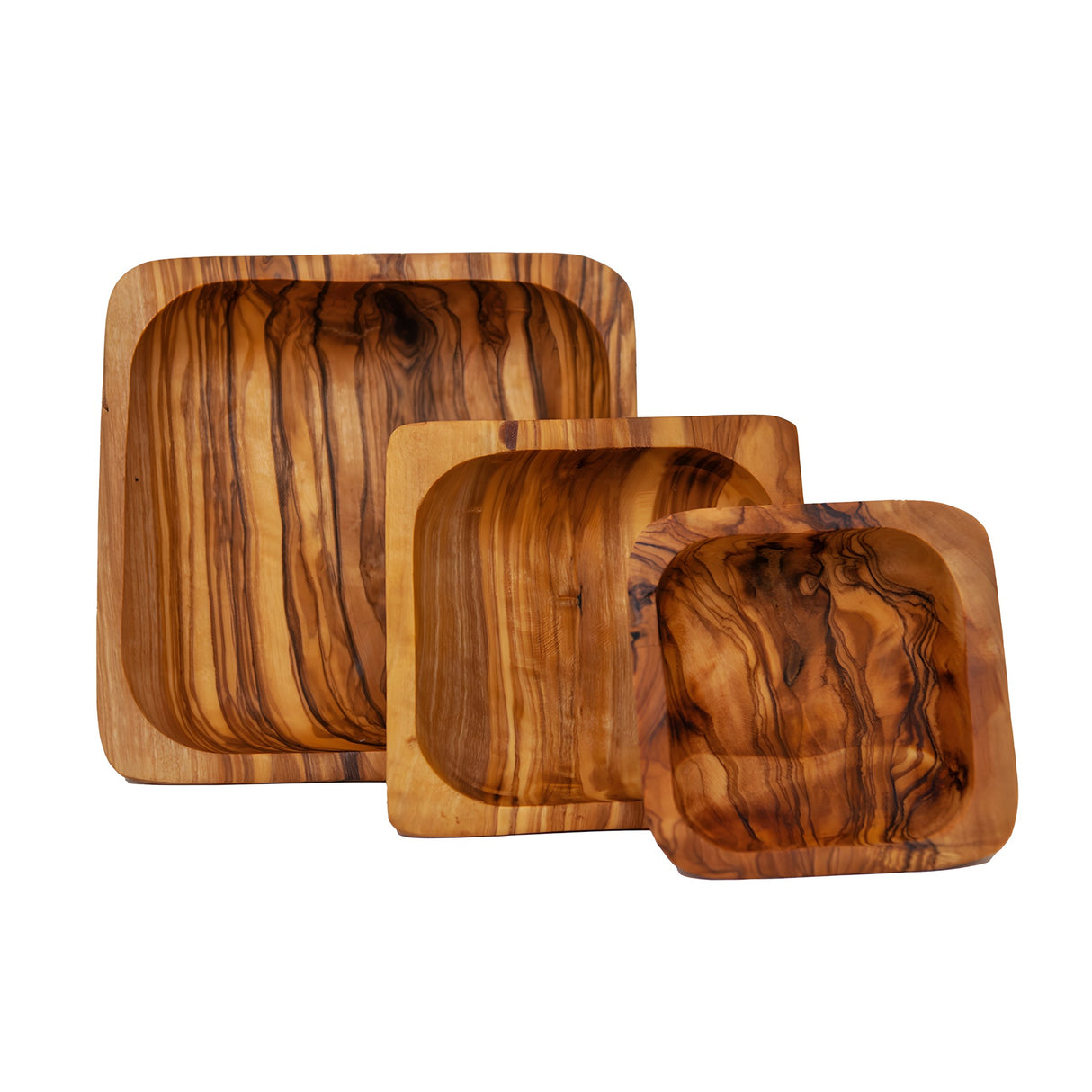Set of 3 Olive Wood Rectangular Snack & Serving Bowls - Handmade