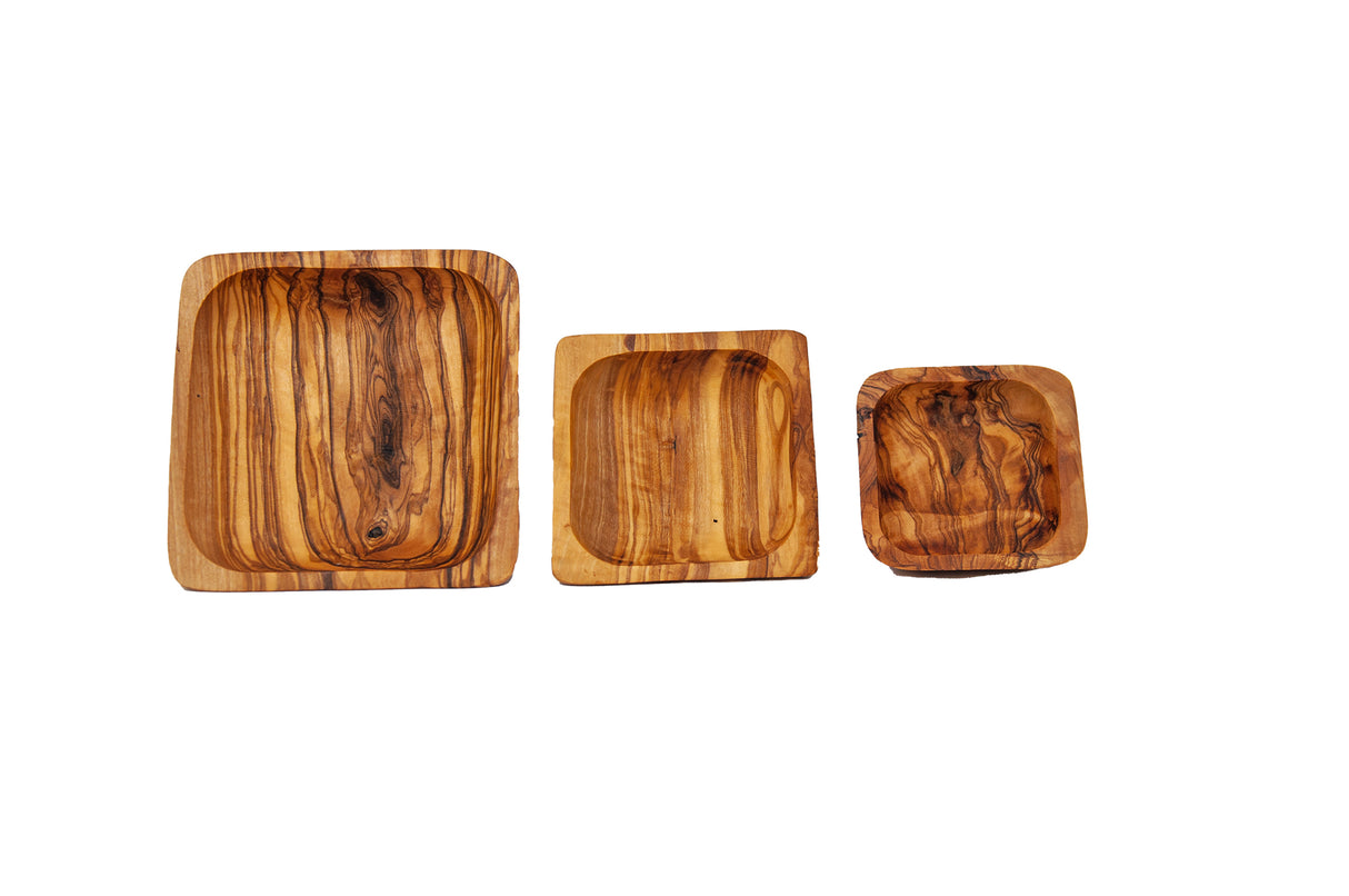 Set of 3 Olive Wood Rectangular Snack & Serving Bowls - Handmade