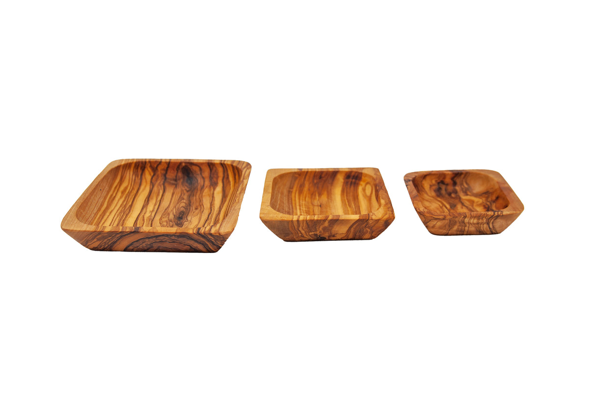 Set of 3 Olive Wood Rectangular Snack & Serving Bowls - Handmade