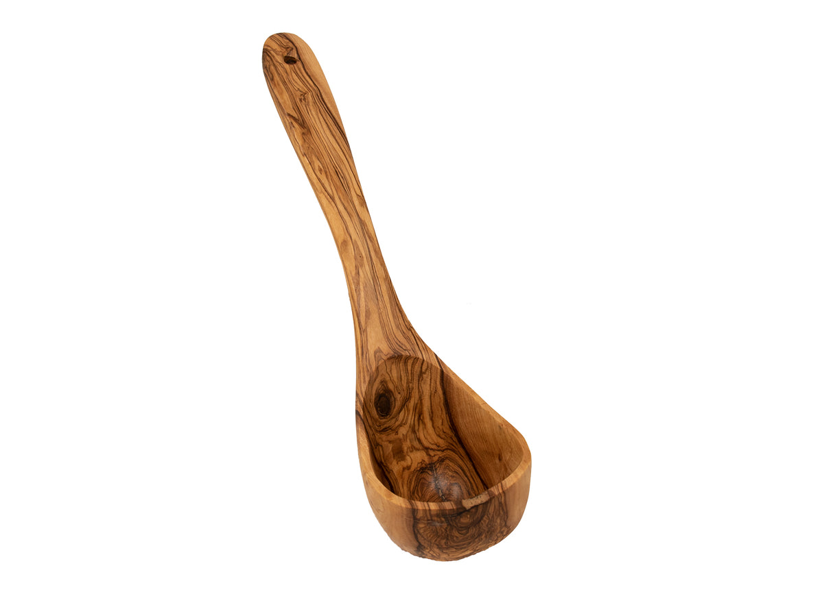 A 12 inch olive wood soup cooking ladle with a smooth finish and ergonomic handle.