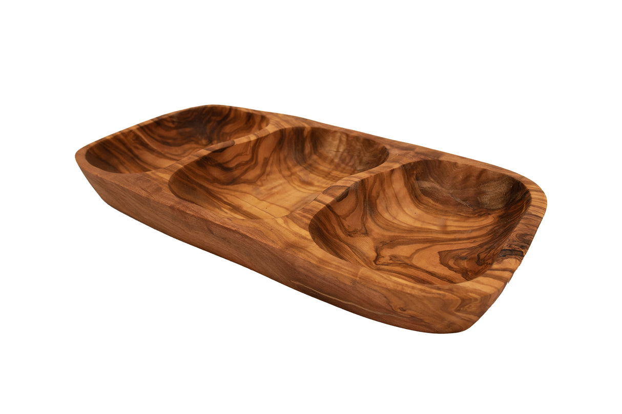 Olive Wood Snack Bowl with 3 Compartments 12 Inch