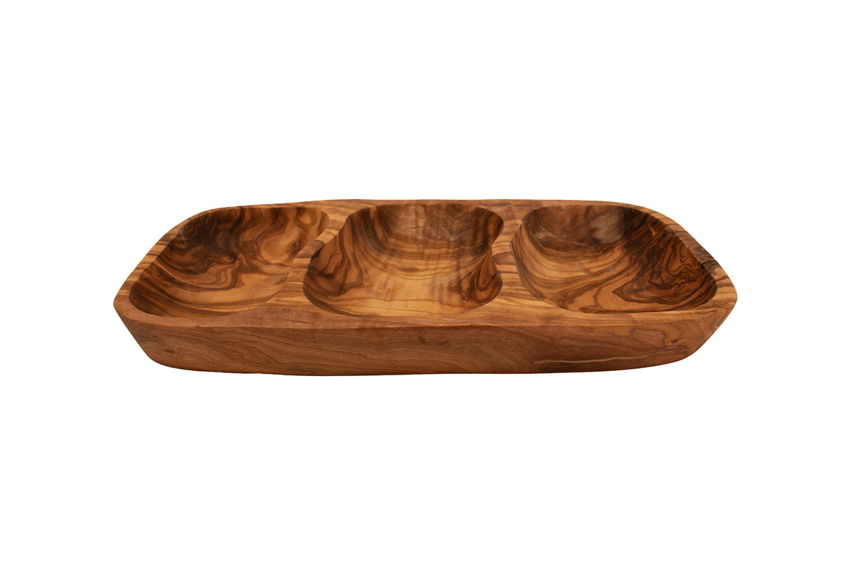 Olive Wood Snack Bowl - Rustic 3-Compartment Serving Dish 12 Inch