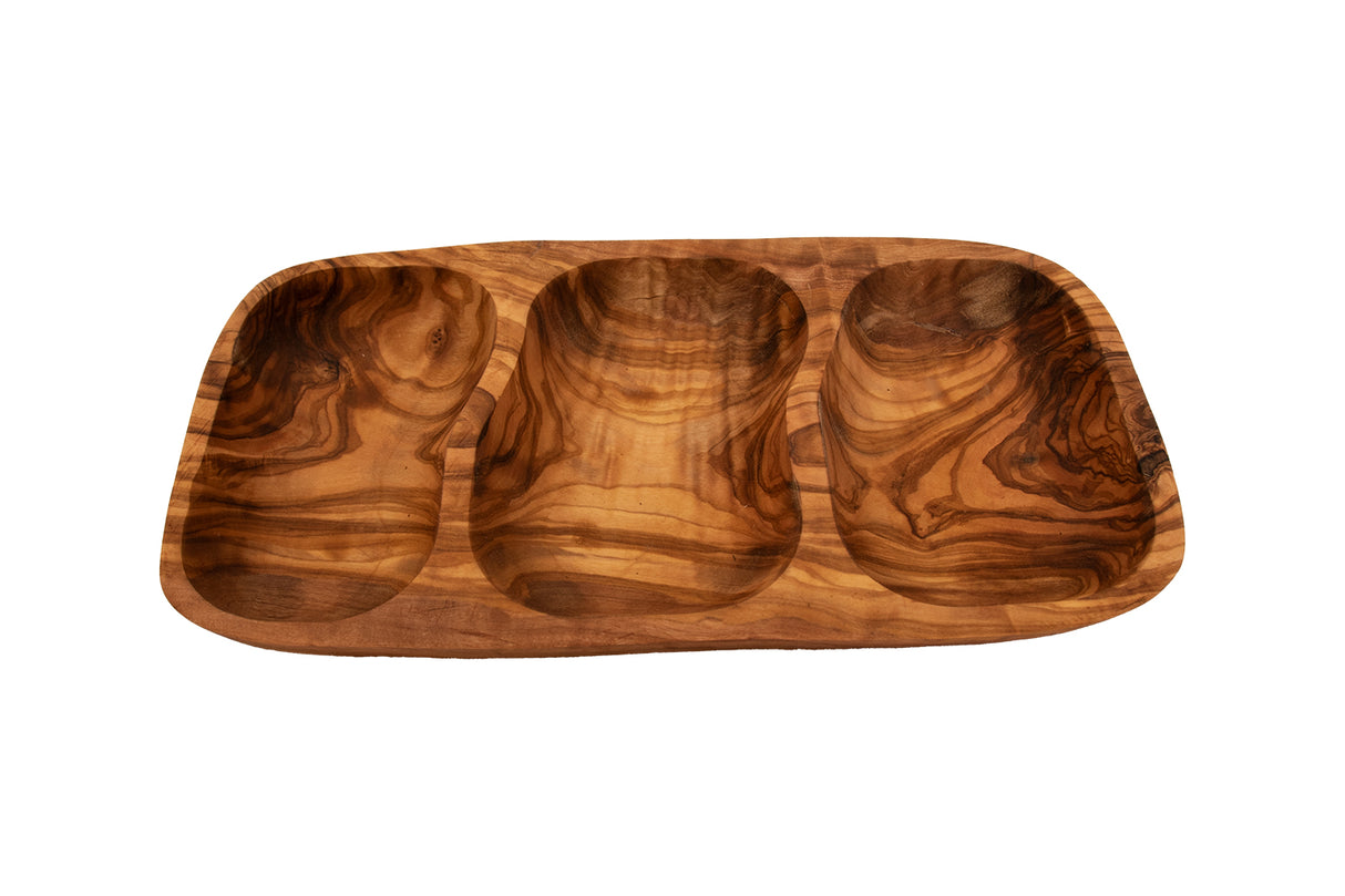 Olive Wood Snack Bowl - Rustic 3-Compartment Serving Dish 12 Inch