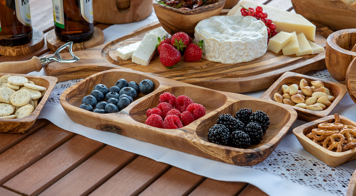 Olive Wood Snack Bowl - Rustic 3-Compartment Serving Dish 12 Inch