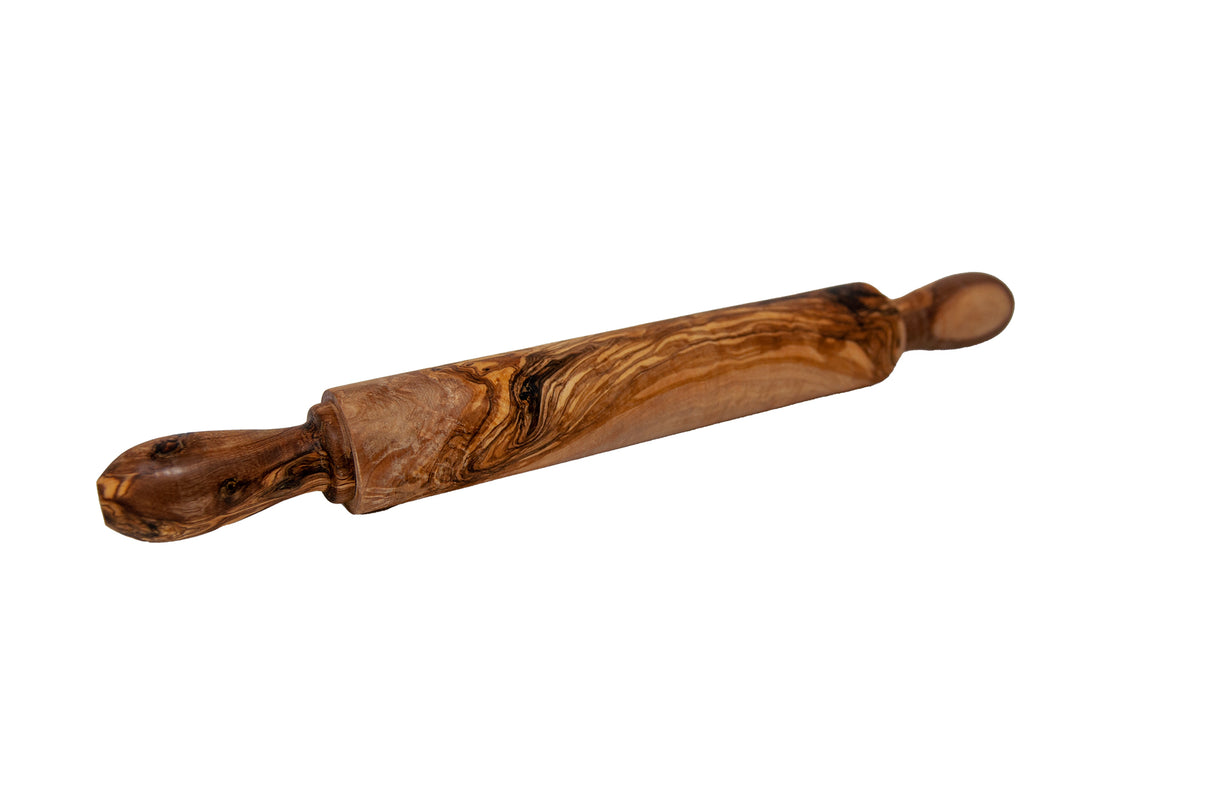 A 19 inch olive wood rolling pin with handles, displaying natural grain patterns and warm amber tones.