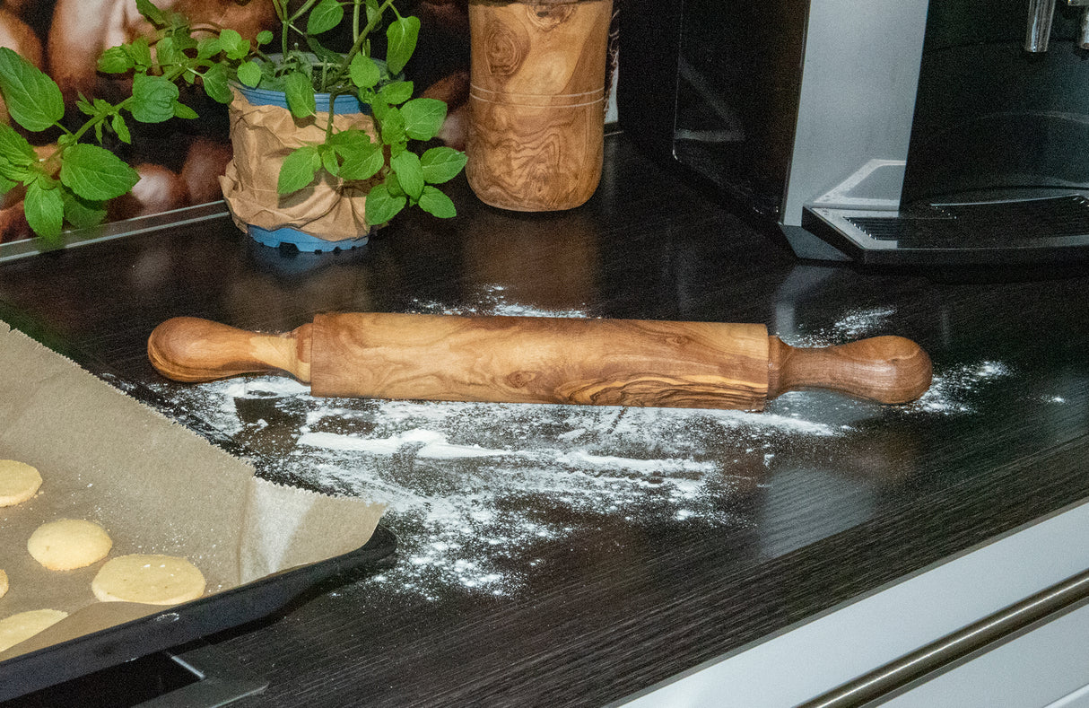 Olive Wood Rolling Pin - Rustic Dough Roller with Handles 19 Inch