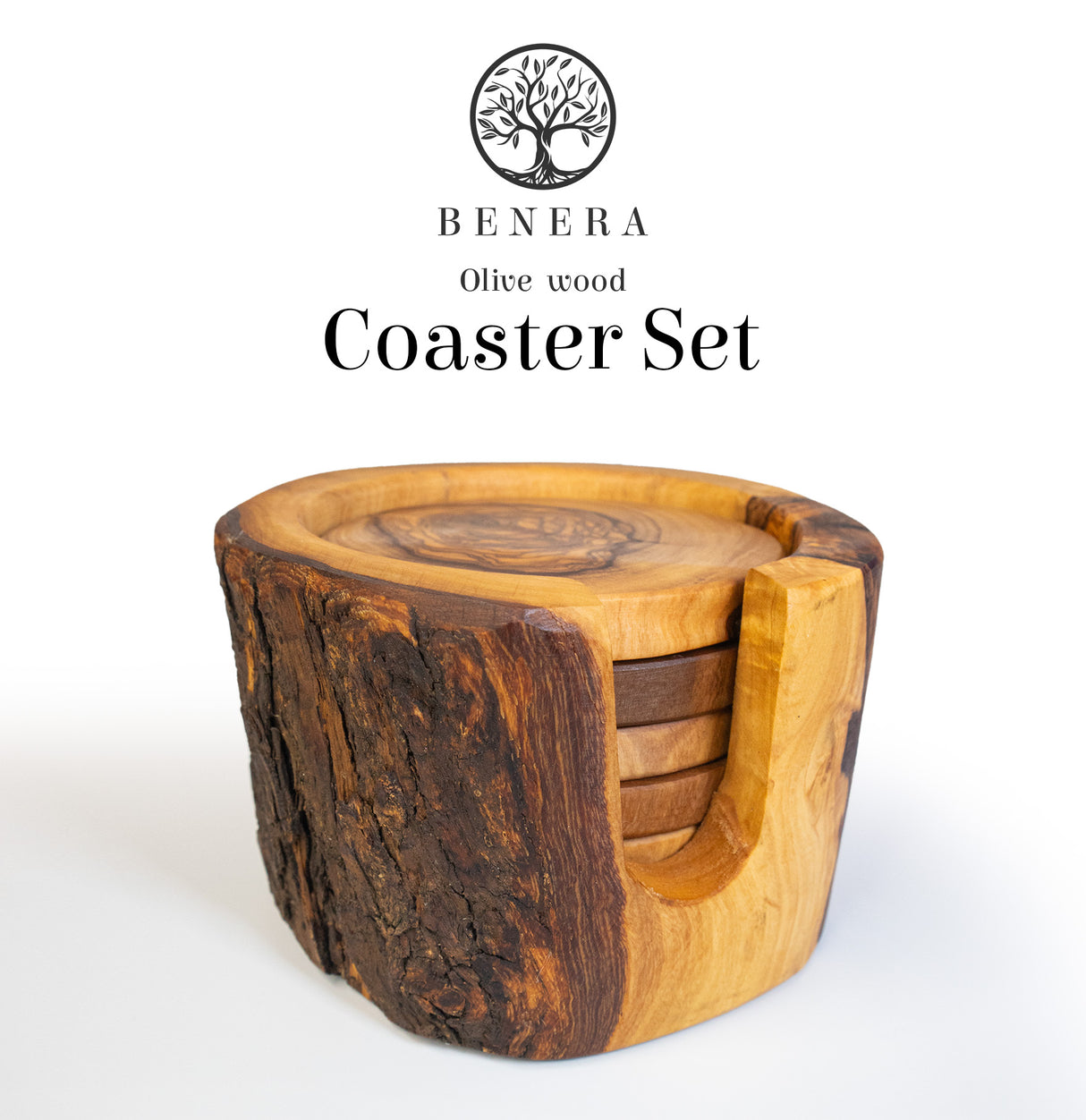 Rustic Round Olive Wood Cup Coaster Set of 6 with Holder - Handmade 3.5 Inch