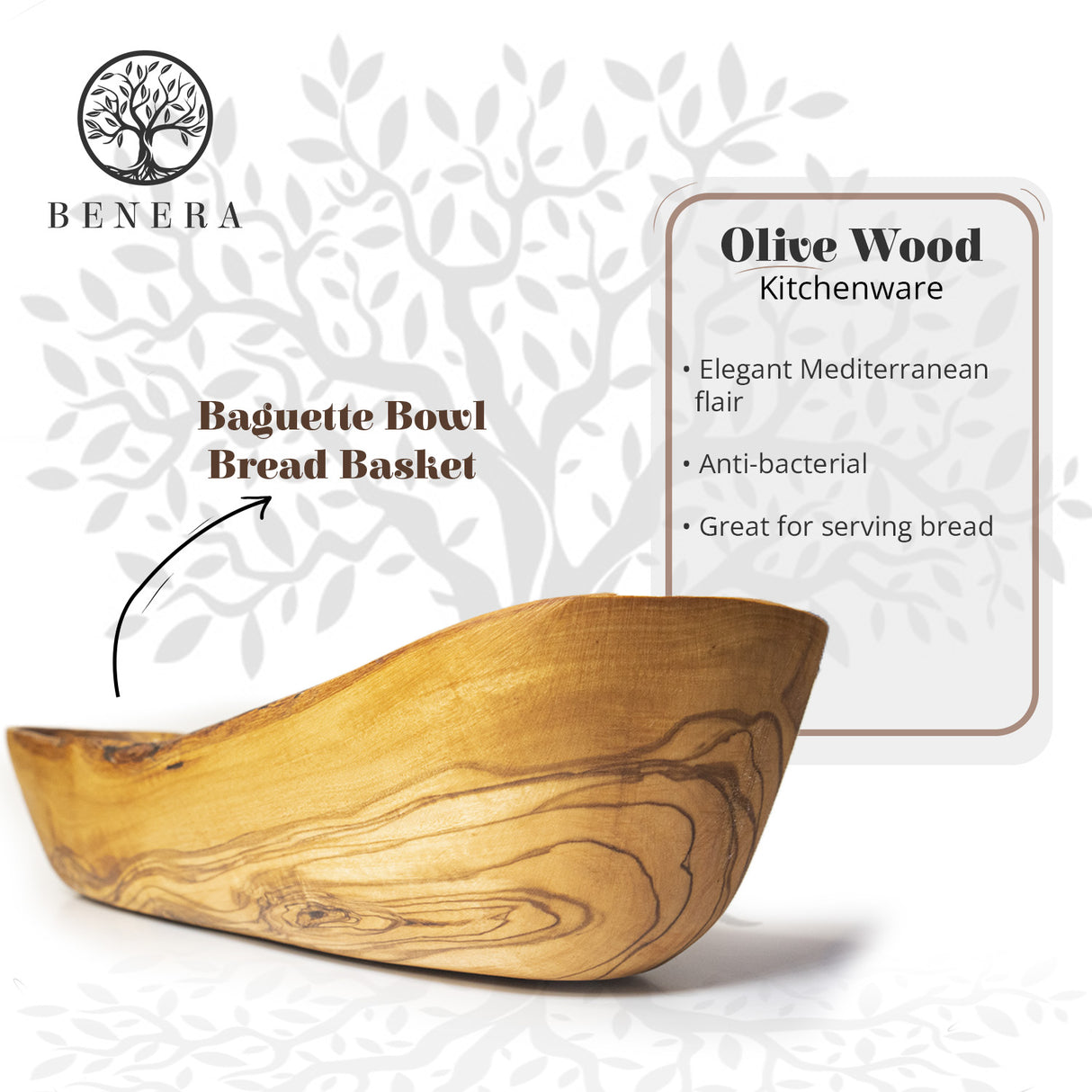 Olive Wood Bread & Baguette Basket - Rustic Handmade Dough Bowl 14 Inch