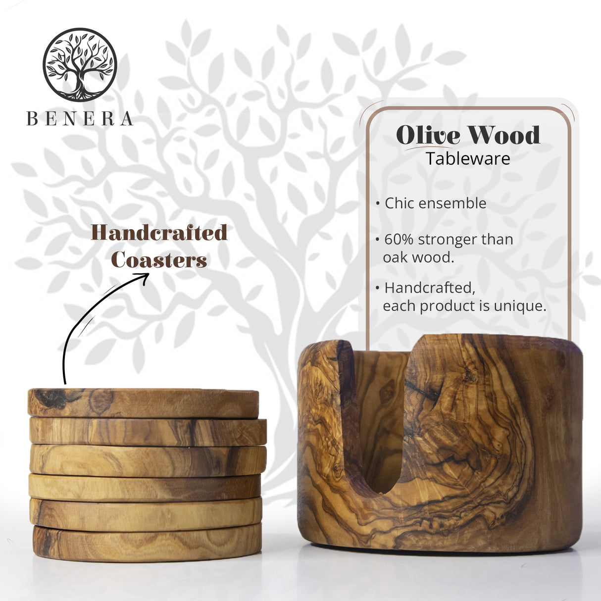 Round Olive Wood Drink Coaster Set of 6 with Holder - Rustic Charm 3.5 Inch