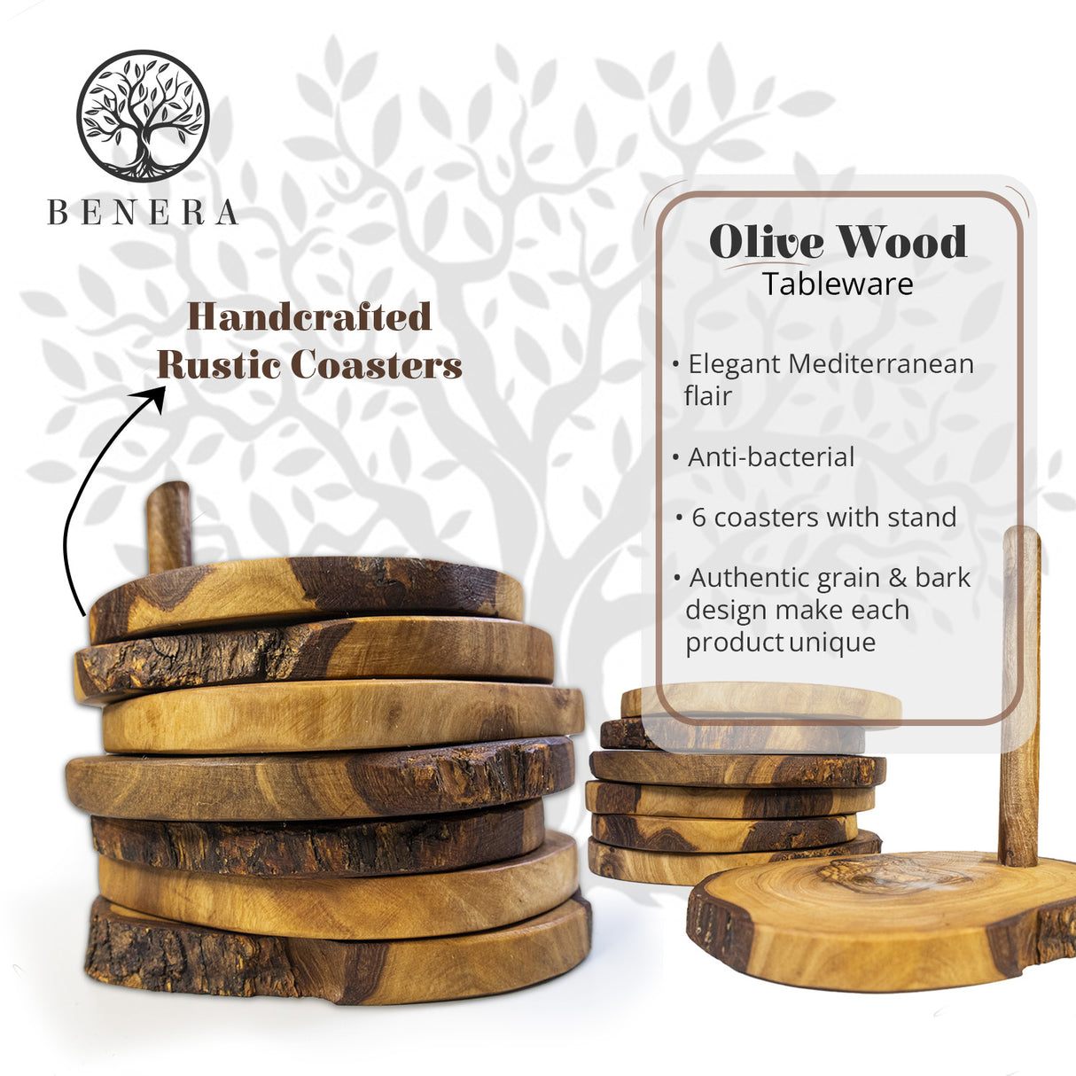 Olive Wood Coaster Set of 6 on Stand - Handcrafted 3.5 Inch
