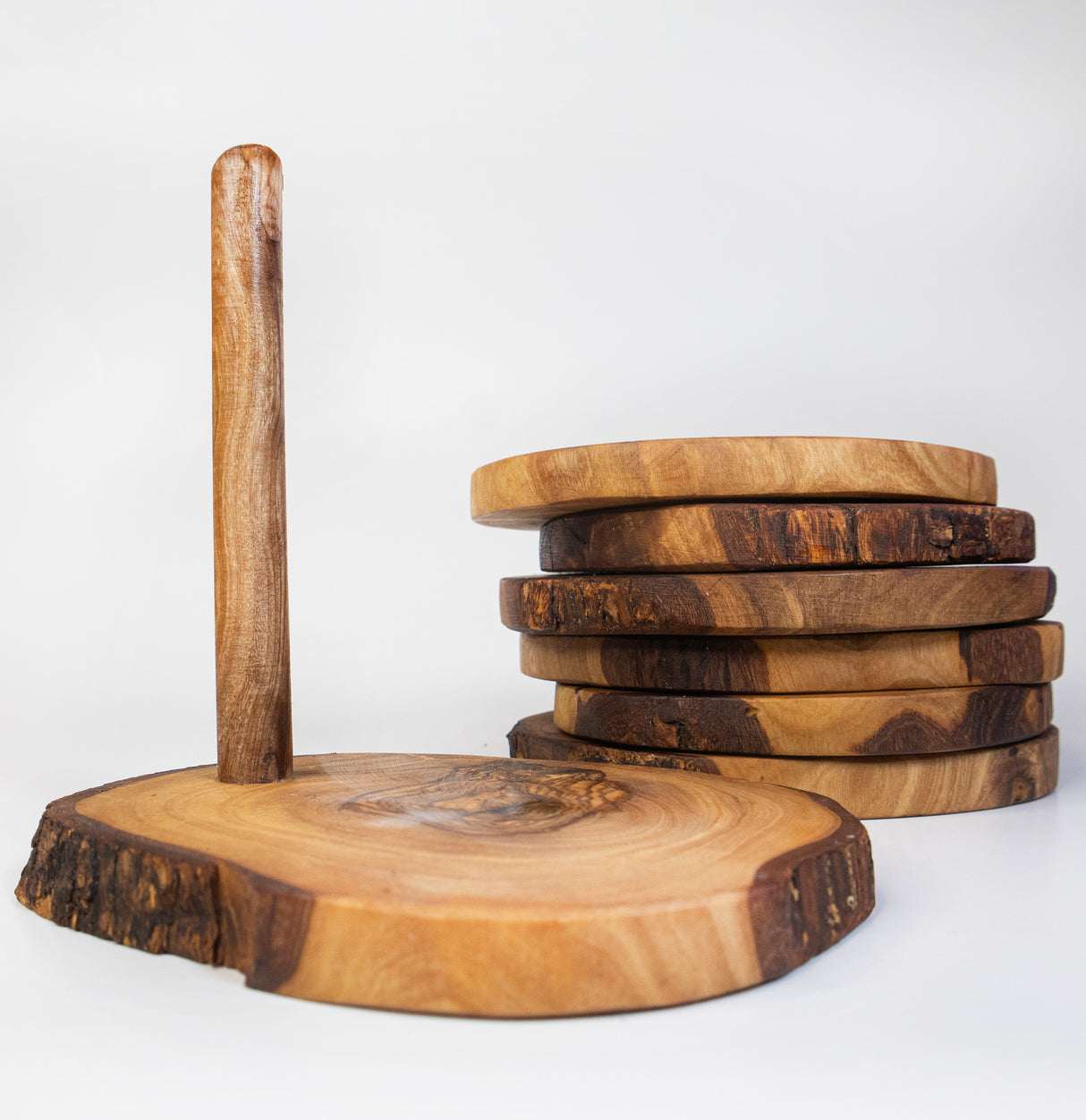 Olive Wood Coaster Set of 6 on Stand - Handcrafted 3.5 Inch