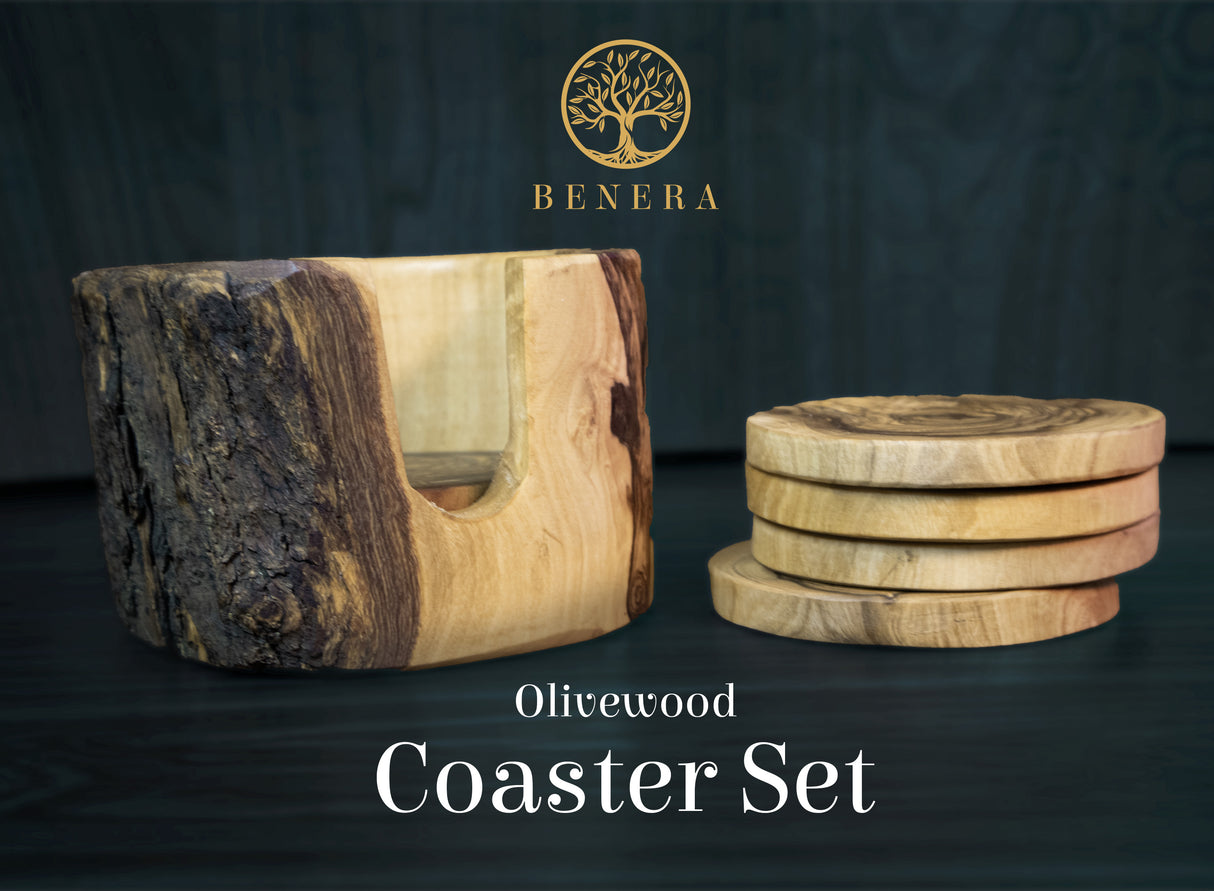 Rustic Round Olive Wood Cup Coaster Set of 6 with Holder - Handmade 3.5 Inch
