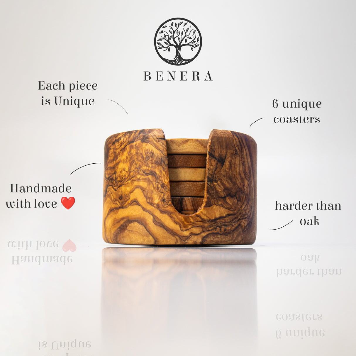 Round Olive Wood Drink Coaster Set of 6 with Holder - Rustic Charm 3.5 Inch