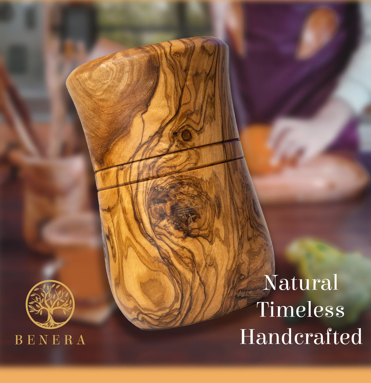 Olive Wood Utensil Holder - Round Rustic Handmade 6 Inch