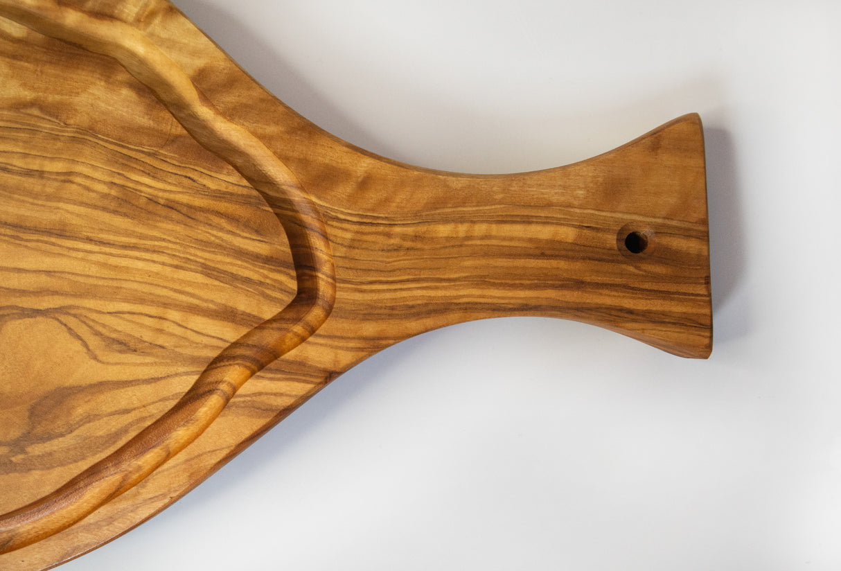 Rustic Olive Wood Cutting Board with Handle and Juice Groove - 18 x 10 Inch