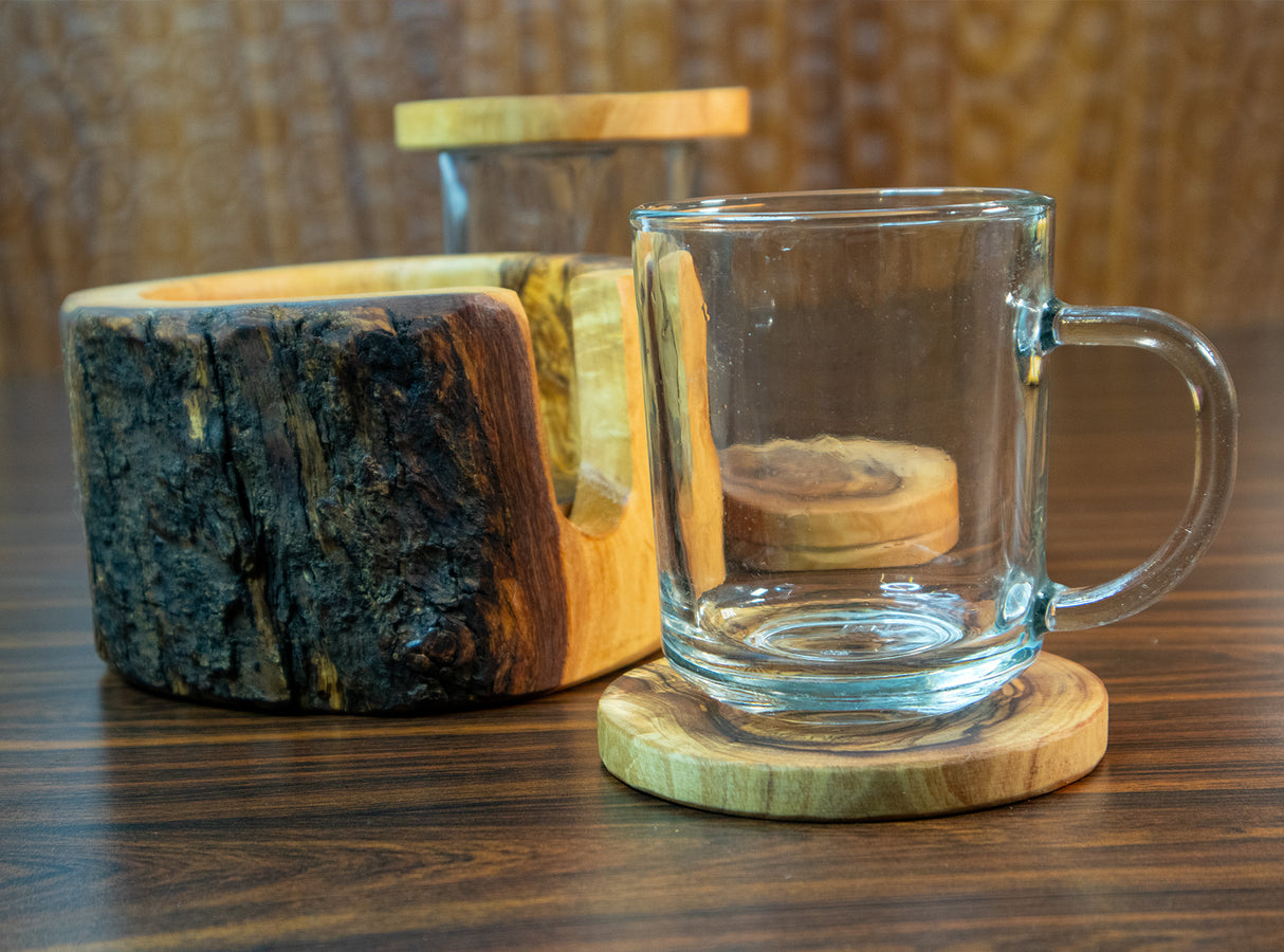 Rustic Round Olive Wood Cup Coaster Set of 6 with Holder - Handmade 3.5 Inch