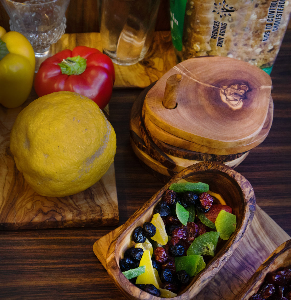 Olive Wood Coaster Set of 6 on Stand - Handcrafted 3.5 Inch