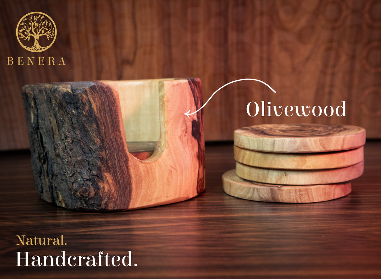 Rustic Round Olive Wood Cup Coaster Set of 6 with Holder - Handmade 3.5 Inch