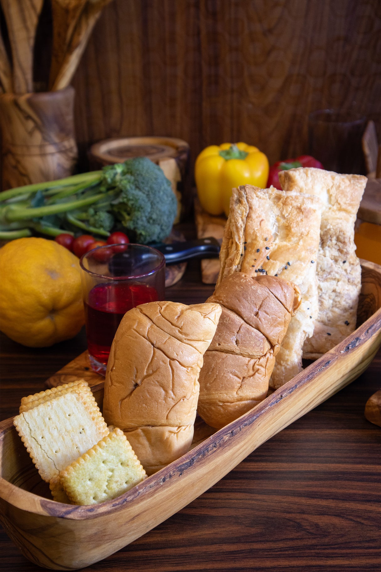 Olive Wood Bread & Baguette Basket - Rustic Handmade Dough Bowl 14 Inch